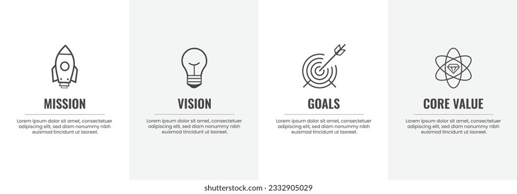 Mission, Vision and core values template with eye catchy icons, business starting decision steps, vector illustration eps 10