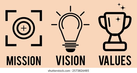 mission, vision, goal, values icon.  mission statement, vision icon.  Mission vision values icon design. Organization mission vision values icon design vector. Simple outline style. Design eps 10