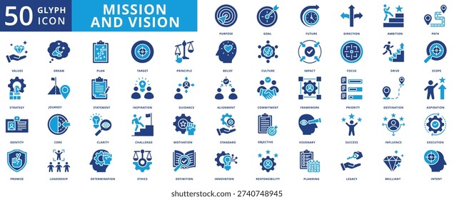 mission and vision icon set flat contain purpose, goal, ambition, path, value, strategy, plan, drive, target, alignment, priority, innovation, core value, leadership, motivation, objective, success
