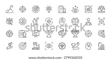 Mission and Vision icons in line design. mission, vision, goal, strategy, values, target, roadmap on white background vector. Mission and Vision editable stroke icons.