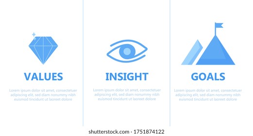 Mission Vision infographic template with three text boxes with icons for Values, Insight and Goals, colored vector illustration