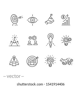 Mission Vision Integrity Icons Set, Value Innovation, Company Value Statement, Business Purpose, Thin Line Web Symbols On White Background - Editable Stroke Vector Illustration Eps10