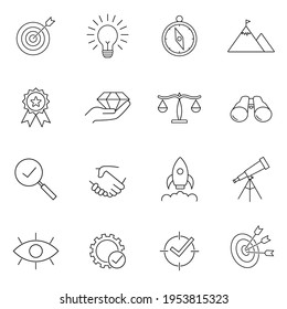 Mission vision integrity icons set, value innovation, company value statement, business purpose. Outline signs. Web design, mobile app. Vector illustration. Eps10