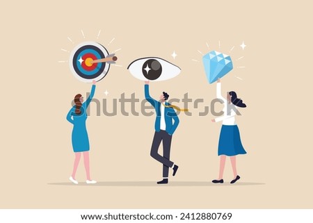Mission, vision and value, company statement to drive success, strategy plan or leadership principle for employee to reach target concept, business people holding mission, vision and value elements.