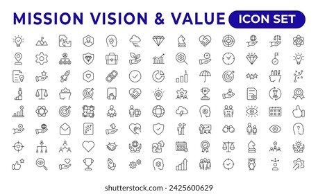 Mission, Vision und Wert-Icon-Set. Gliederungsdarstellung von Symbolen. Symbole für Kernwerte in Zeilen. Integrität. Vision, soziale Verantwortung, Engagement, persönliches Wachstum und Problemlösung.