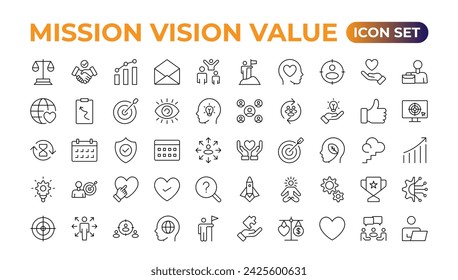 Mission, vision and value icon set. Outline illustration of icons. Core values line icons. Integrity. Vision, Social Responsibility, Commitment, Personal Growth and Problem-Solving.