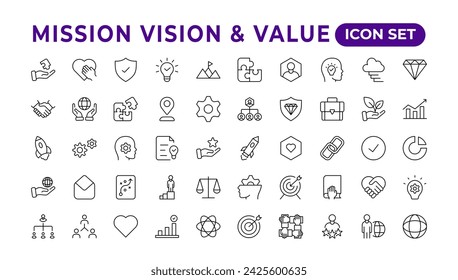 Mission, Vision und Wert-Icon-Set. Gliederungsdarstellung von Symbolen. Symbole für Kernwerte in Zeilen. Integrität. Vision, soziale Verantwortung, Engagement, persönliches Wachstum und Problemlösung.