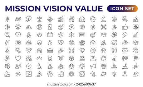 Mission, vision and value icon set. Outline illustration of icons. Core values line icons. Integrity. Vision, Social Responsibility, Commitment, Personal Growth and Problem-Solving.