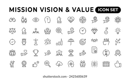 Mission, vision and value icon set. Outline illustration of icons. Core values line icons. Integrity. Vision, Social Responsibility, Commitment, Personal Growth and Problem-Solving.