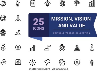 Conjunto de iconos de misión, visión y valor. Pixel perfecto, Web minimalista e icono de interfaz de usuario. Colecciones de iconos de esquema. Ilustración vectorial editable.