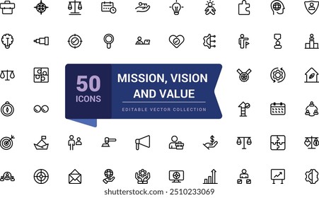 Mission, vision and value icon set. Pixel perfect, minimalistic web and UI icon. Outline icon collections. Editable vector illustration.
