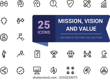 Mission, Vision und Wert-Icon-Set. Pixel perfekt, minimalistische Web-und UI-Symbol. Gliederungssymbolsammlungen. Bearbeitbare Vektorgrafik.