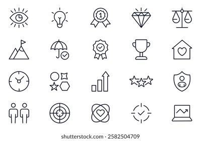 Mission, vision and value icon set. Outline illustration of icons. Core values line icons.