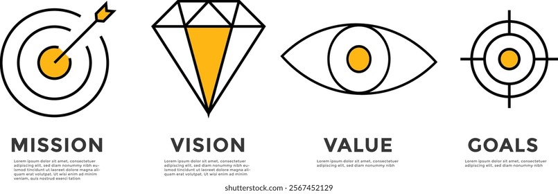 mission vision value icon with text. Business purpose goal concept. mission vision line style symbol
