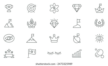 Mission, vision and value line icon set. Infographic icon, core values, performance, innovation, goals, integrity, customer, commitment, quality, teamwork outline icon collection.