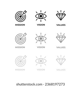 mission vision values black color icon on white background 