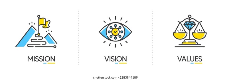 Mission, vision and values of business company. Target goal, global view and scales icons. Success template. Mission purpose flag, leader vision and core value. Infographic concept. Vector