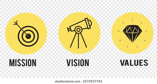 Mission, vision and values of business company . target with arrow, busniess view and diamond icons . 1176