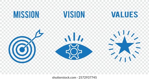 Mission, vision and values of business company . target with arrow, busniess view and diamond icons . 1176