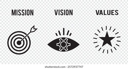 Mission, vision and values of business company . target with arrow, busniess view and diamond icons . 1176