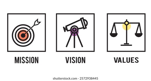 Mission, vision and values of business company. Target goal, global view and scales icons. Success template. Mission purpose flag, leader global vision and core value. 1176