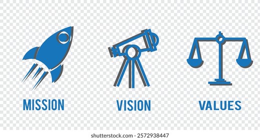 Mission, vision and values of business company. Target goal, global view and scales icons. Success template. Mission purpose flag, leader global vision and core value. 1176