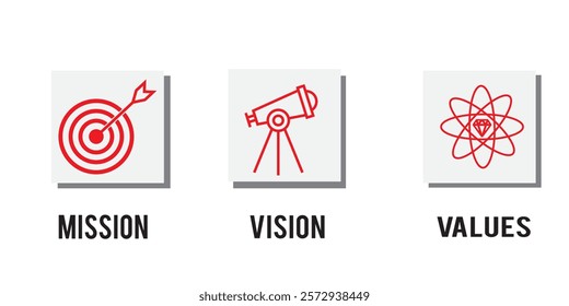 Mission, vision and values of business company. Target goal, global view and scales icons. Success template. Mission purpose flag, leader global vision and core value. 1176