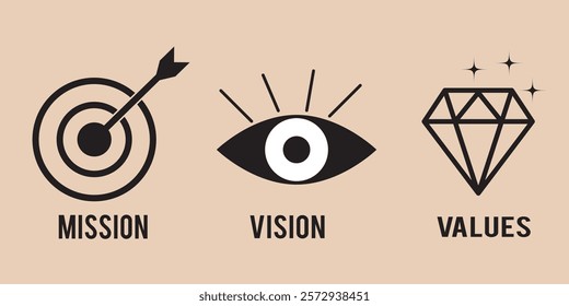 Mission, vision and values of business company. Target goal, global view and scales icons. Success template. Mission purpose flag, leader global vision and core value. 1176