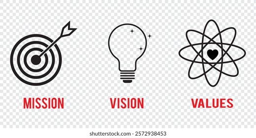 Mission, vision and values of business company. Target goal, global view and scales icons. Success template. Mission purpose flag, leader global vision and core value. 1176