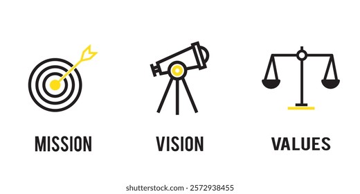Mission, vision and values of business company. Target goal, global view and scales icons. Success template. Mission purpose flag, leader global vision and core value. 1176