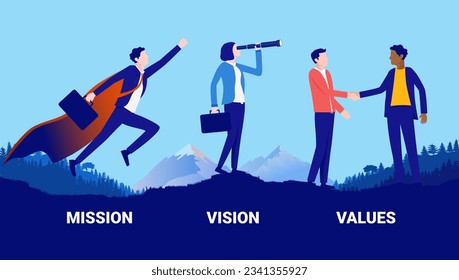 Mission Vision Value Business Concept - Vektorgrafik von Geschäftsleuten in der Landschaft symbolisiert verschiedene Unternehmenswerte