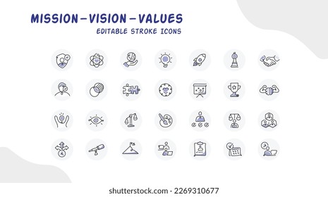 Mission, vision, and values. Business concepts. Vector line icons with editable stroke