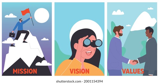 Mission, vision, values. Business strategy abstract concept. Man setting flag on mountain peak. Woman looking for opportunities. Two handshaking diverse men. Set of flat cartoon vector illustrations