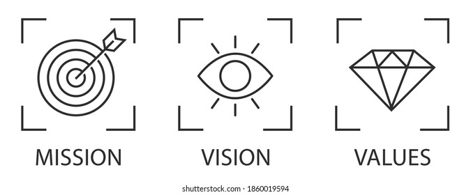 Mission, Vision, Values Business vector linear icon collection. Modern flat design elements. Vector illustration.