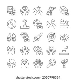Misión, visión y valores. Colección de iconos simples para el sitio web. Motivación, éxito, cohete, estrategia, establecimiento de objetivos, gestión del tiempo. Dibujo vectorial plano de dibujos animados aislado en fondo blanco