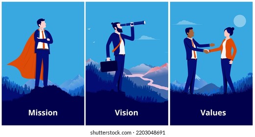 Mission vision values - Collection of vector illustrations with businesspeople and business statement words.