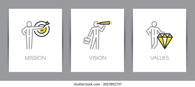 Mission, vision and values of company. Business concept. Web page template. Metaphors with icons such as dartboard, spyglass and diamond and businessman.