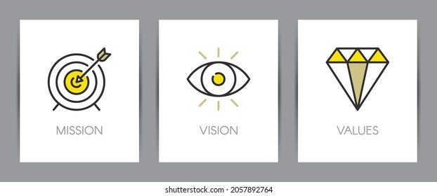 Mission, vision and values of company. Business concept. Web page template. Metaphors with icons such as dartboard, eye and diamond.