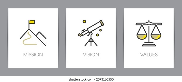 Mission, vision and values of company. Business concept. Web page template. Metaphors with icons such as goal, climb up, telescope, new Horizons and pair of scales.
