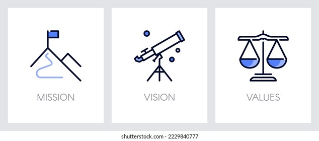 Mission, vision and values of company. Business concept. Web page template. Metaphors with blue icons such as goal, climb up, telescope, new Horizons and pair of scales.