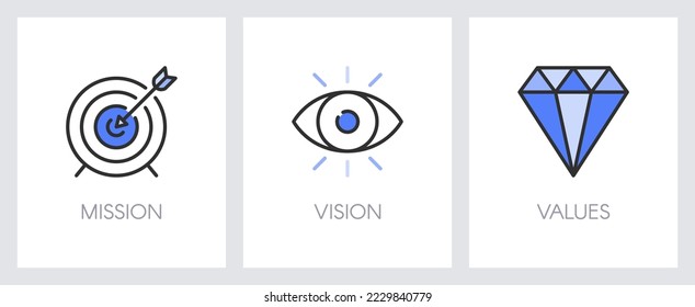 Mission, Vision und Werte des Unternehmens. Geschäftskonzept. Seitenvorlage. Metaphern mit blauen Symbolen wie Dartboard, Auge und Diamant.