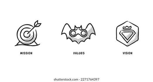 Mission, Vision, Values, company core values, bat vision. bull's eye, target, vector half-drop style icons.