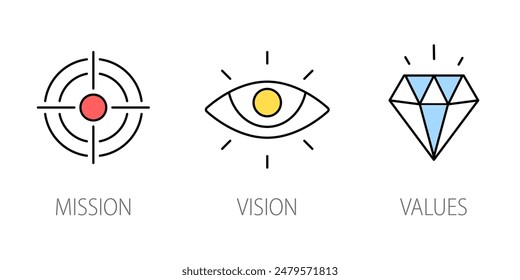 Valores del conjunto de íconos de la compañía, Fondo aislado del símbolo del éxito, Plantilla de diseño de infografías simples de la misión de la Organización. Ilustración vectorial.