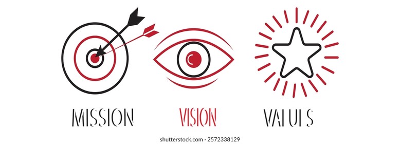 Mission Vision Values of company icon set, Success symbol isolated Organization mission flat simple info graphics design template. Colorful icons. Target,Eye Star and Diamond.