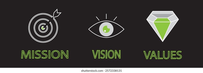 Mission Vision Values of company icon set, Success symbol isolated Organization mission flat simple info graphics design template. Colorful icons. Target,Eye Star and Diamond.