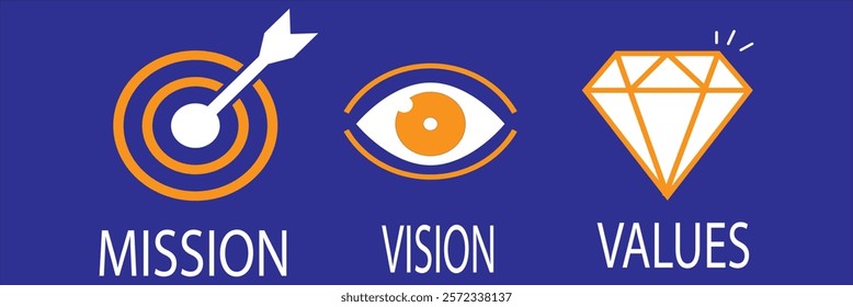Mission Vision Values of company icon set, Success symbol isolated Organization mission flat simple info graphics design template. Colorful icons. Target,Eye Star and Diamond.