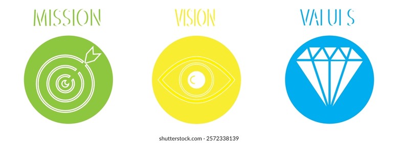 Mission Vision Values of company icon set, Success symbol isolated Organization mission flat simple info graphics design template. Colorful icons. Target,Eye Star and Diamond.