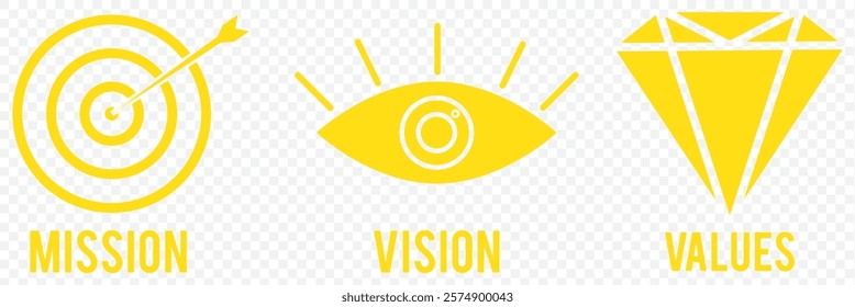 Mission Vision Values of company icon set, Success symbol isolated transparent background, Organization mission flat simple infographics design template. vector illustration. eps 10.
