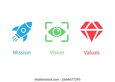 Mission, Vision and Values of company. Mission vision values icon set. Company infographic Banner template. Vector