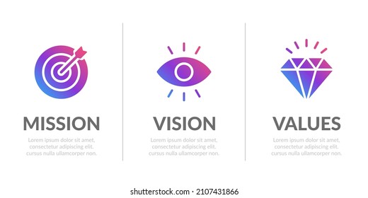 Mission, Vision And Values Of Company In Modern Gradient Design Concept For Web Template And Business Presentation.